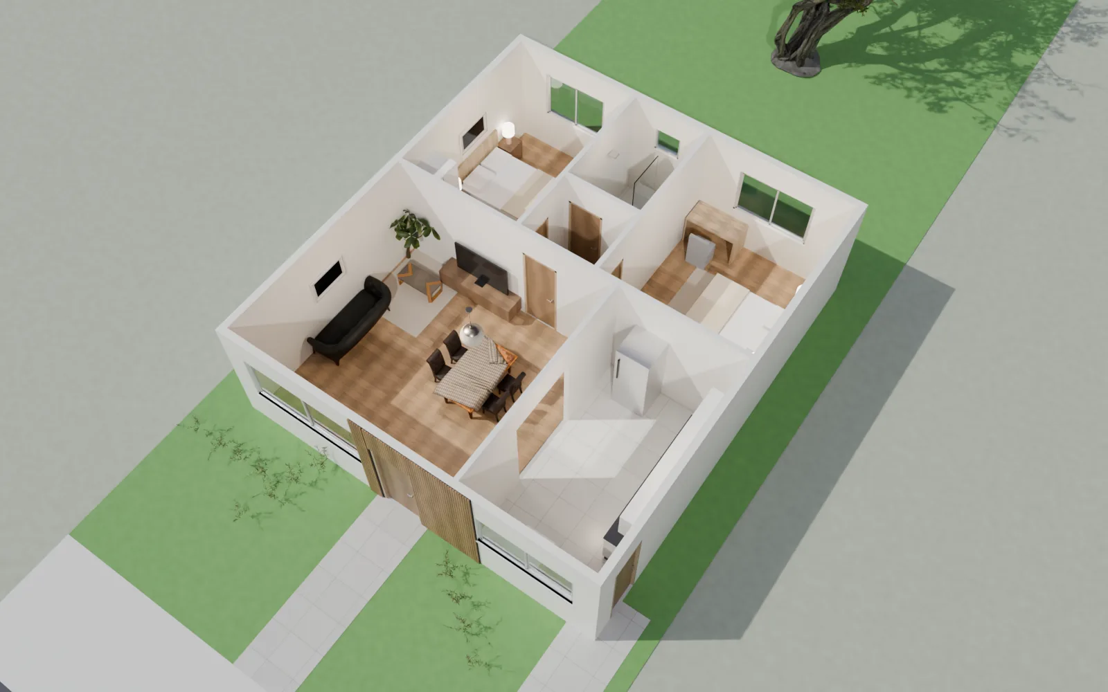 Casa térrea de 2 quartos, 74,6 m², em corte. Planta, mobiliário e render gerados pelo AIrchitect, sem edição.